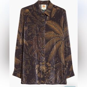 Farm Rio Black Golden Foliage Pajama Shirt Size L NWOT